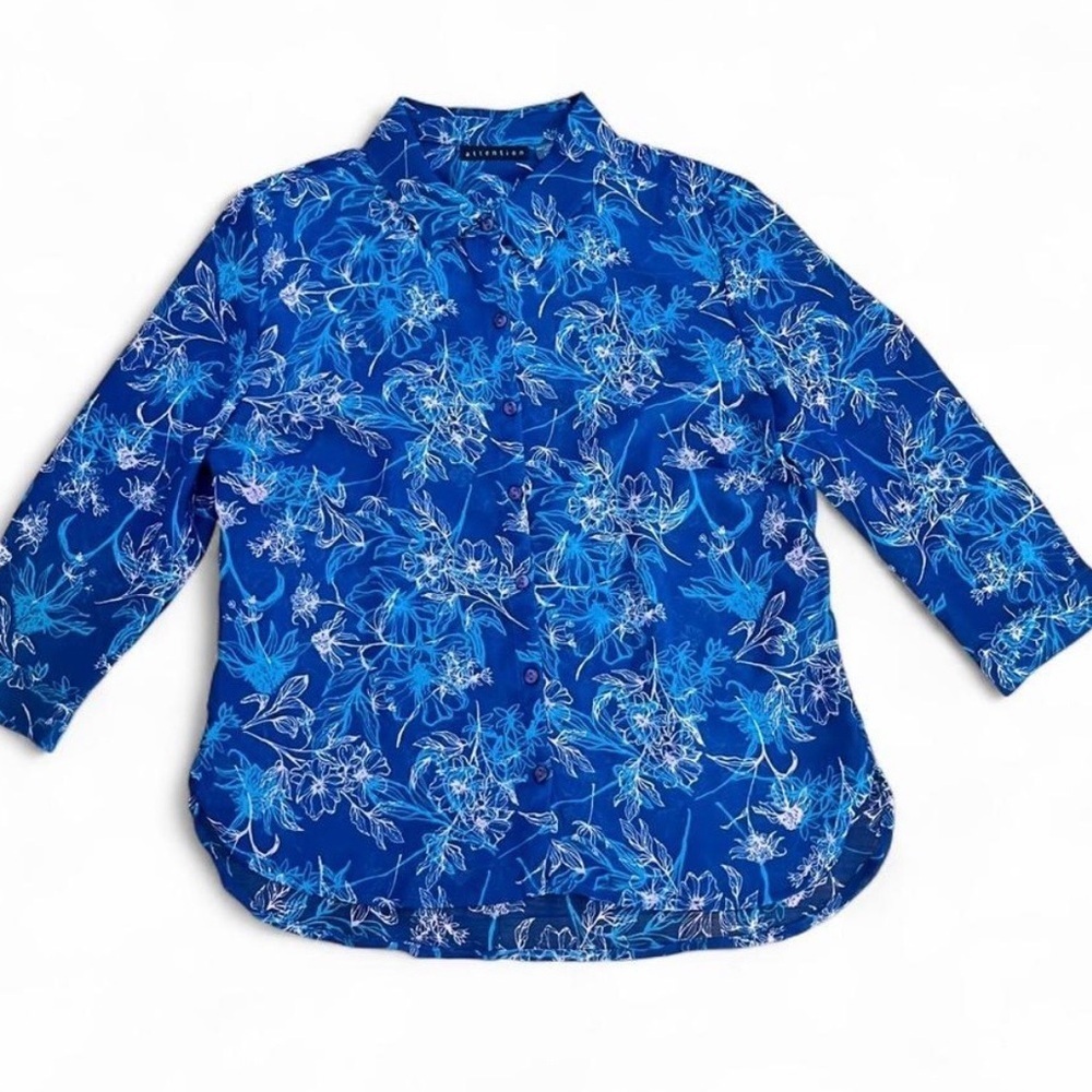 Attention Women’s Blue Floral Sheer Button-Down Shirt Size Large Spring Easter